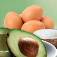 Image of eggs, a coconut and avocados.