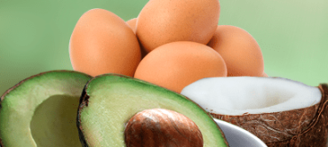 Image of eggs, a coconut and avocados.