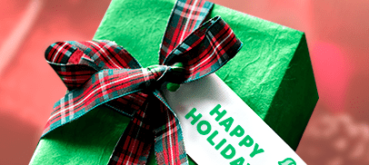 Image of a green Christmas package with a bow. Has a gift tag that reads Happy Holidays.