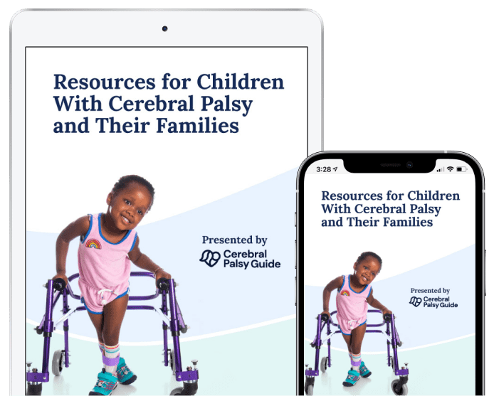 Cover of the Cerebral Palsy Guide shown on a tablet and mobile phone.