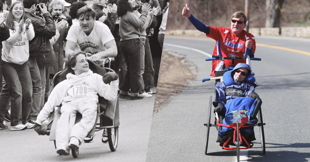 Dick Hoyt pushes son Rick in running wheelchair