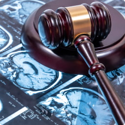 A wooden gavel and block rest on brain imaging scans. 