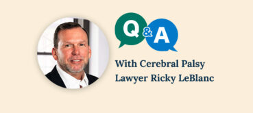 A headshot of cerebral palsy attorney Ricky LeBlanc along with a graphic with thought bubbles for a Q&A interview